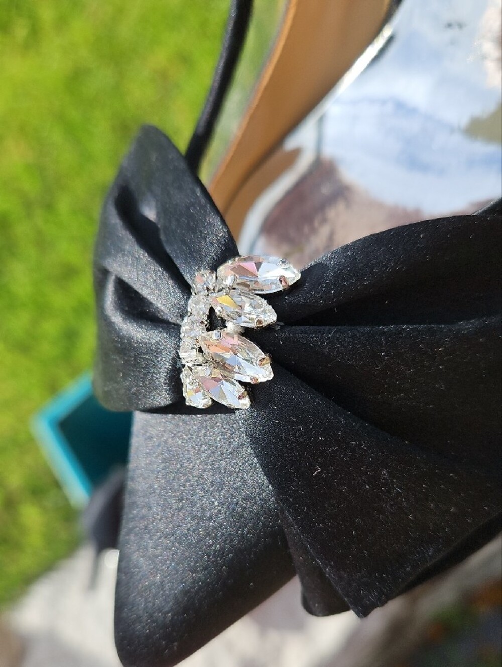 Badgley Mischka Black Satin Pointed Toe Bow Pumps with Crystal Accent - Picture 6 of 8